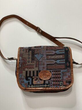 Vintage AA Leather Tapestry Crossbody Bag Boho Aztec Adjustable Strap Small